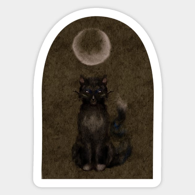 Gothic Black Cat Moon Watercolor Painting Witchy Aesthetic Sticker by penandbea